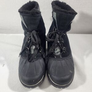 Baretraps Womens Springer Black Leatherman Boots Size 8.5 Lace Up Faux Fur Liner